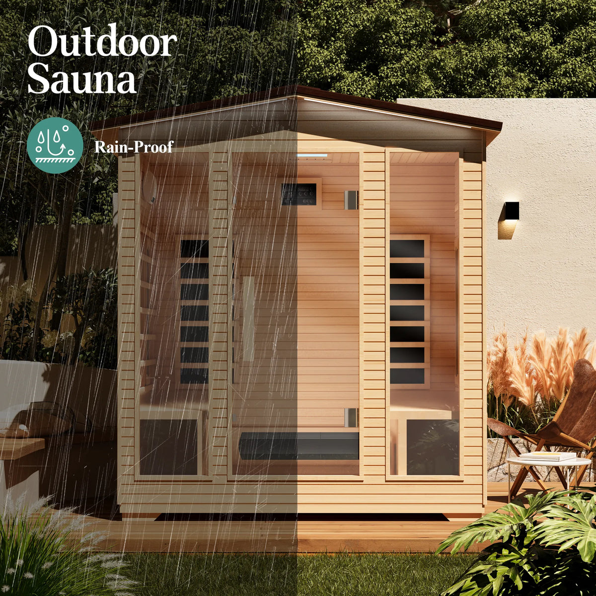 EROMMY Outdoor Sauna 4 Person, Far Infrared Wooden Sauna, Personal Sauna with Bluetooth Speaker and Changeable Chromotherapy Lighting