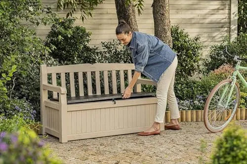 Keter Eden 265L Garden Storage Bench - Wood Effect Beige/Brown