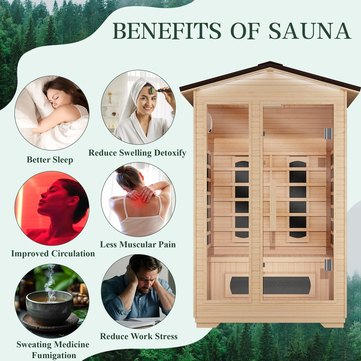 EROMMY Outdoor Sauna 2 Person, Far Infrared Wooden Sauna, Personal Sauna with Bluetooth Speaker and Changeable Chromotherapy Lighting