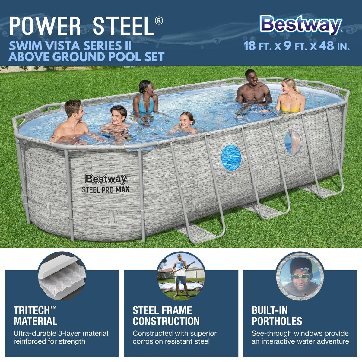 Bestway Power Steel Swim Vista 18′ x 9′ x 48″ Above Ground Swimming Pool Set