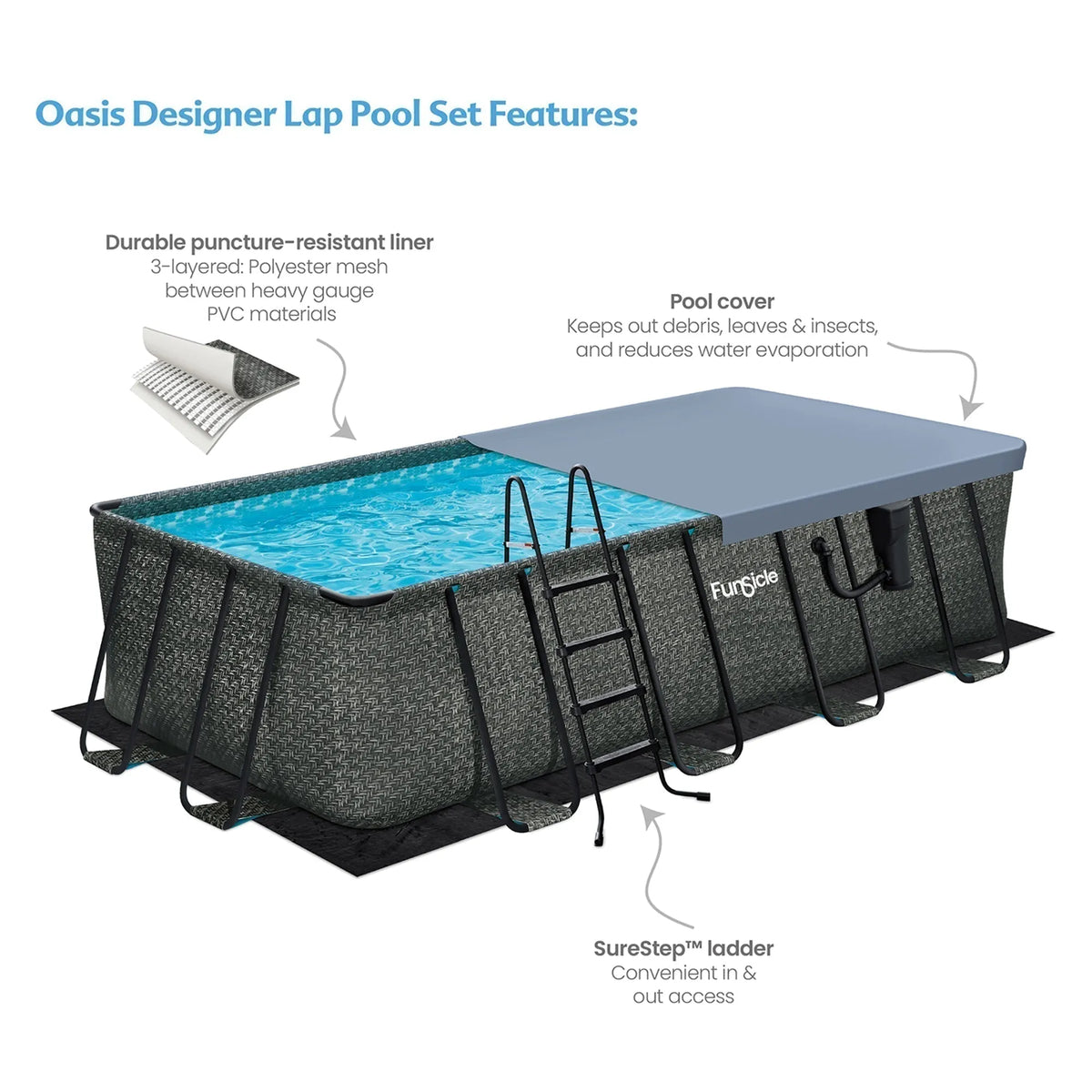 Funsicle 18′ x 9′ x 52″ Oasis Rectangular Swimming Pool Set with 18′ Cover