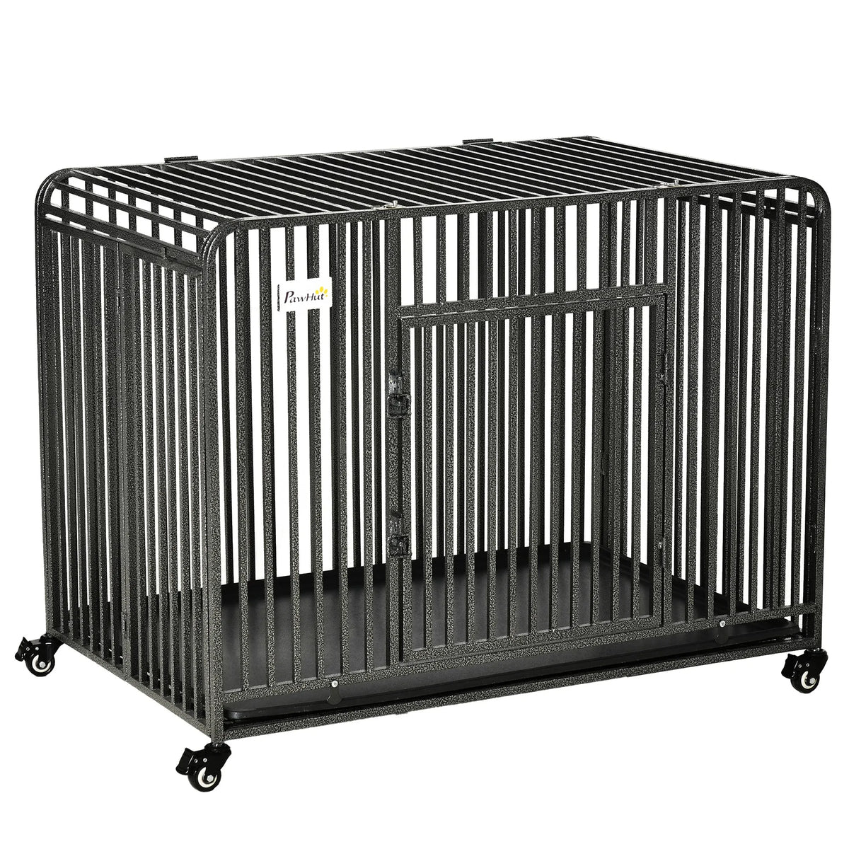 43″ Heavy Duty Dog Cage, Foldable Steel Crate Kennel with Removable Tray, Double Doors, 4 Lockable Wheels for Medium & Large Dogs, Dark Silver