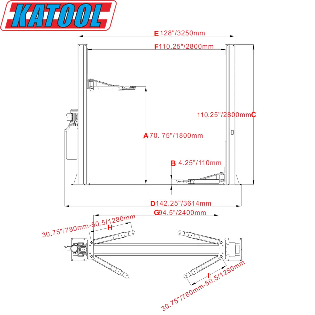 H100 Two Post Vehicle Lift 10,000 lbs By KaTool