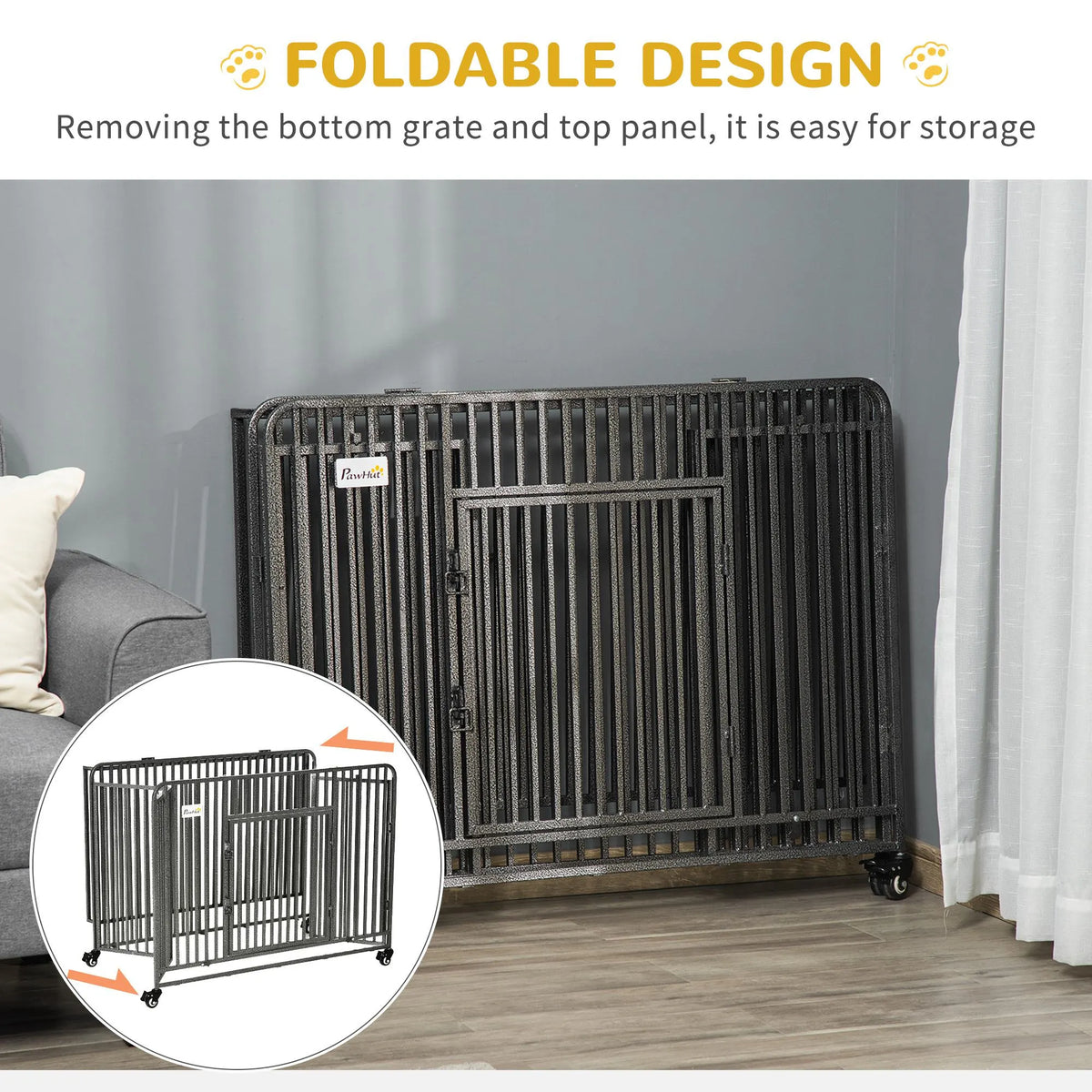 43″ Heavy Duty Dog Cage, Foldable Steel Crate Kennel with Removable Tray, Double Doors, 4 Lockable Wheels for Medium & Large Dogs, Dark Silver