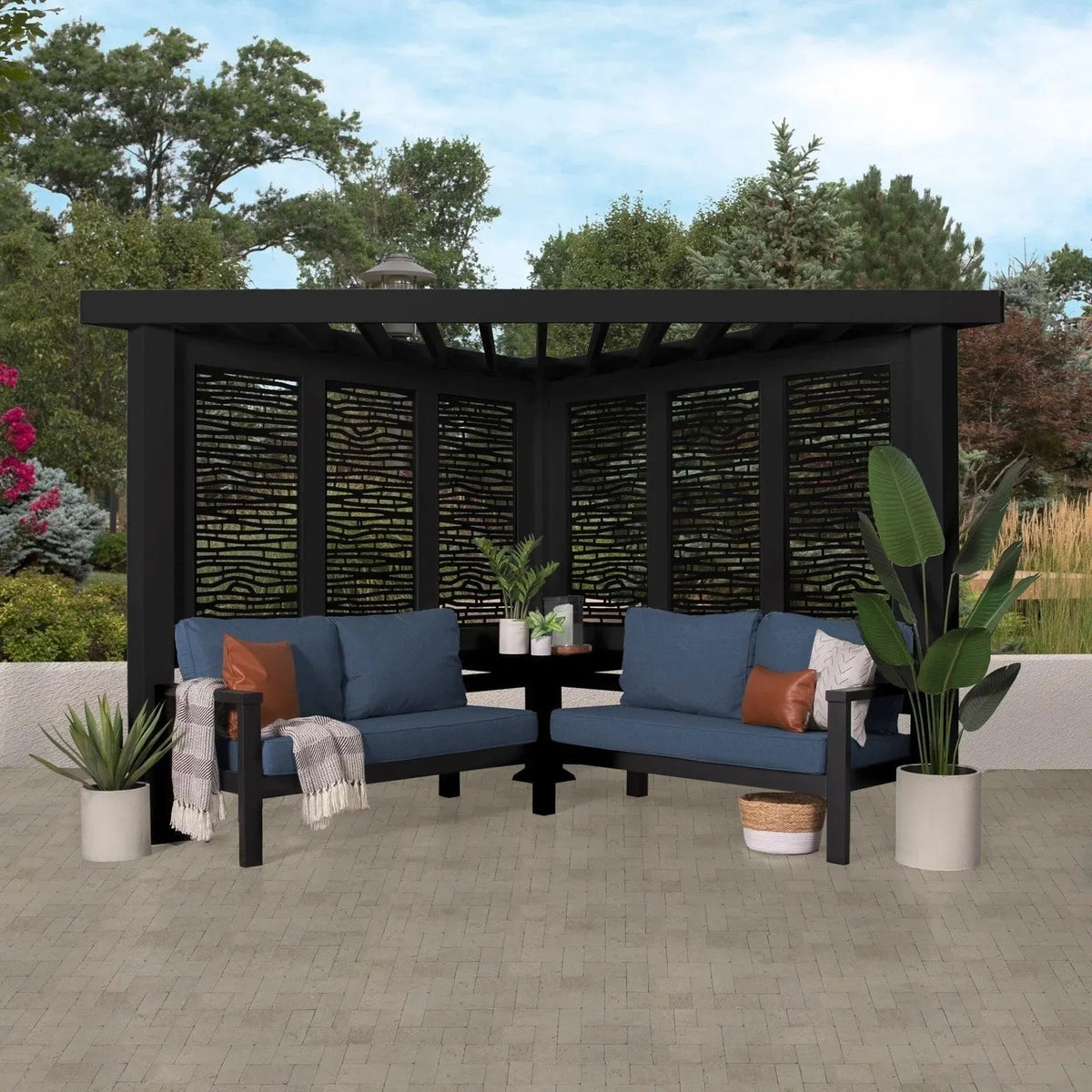 Glendale Modern Steel Cabana Pergola with Conversational Seating