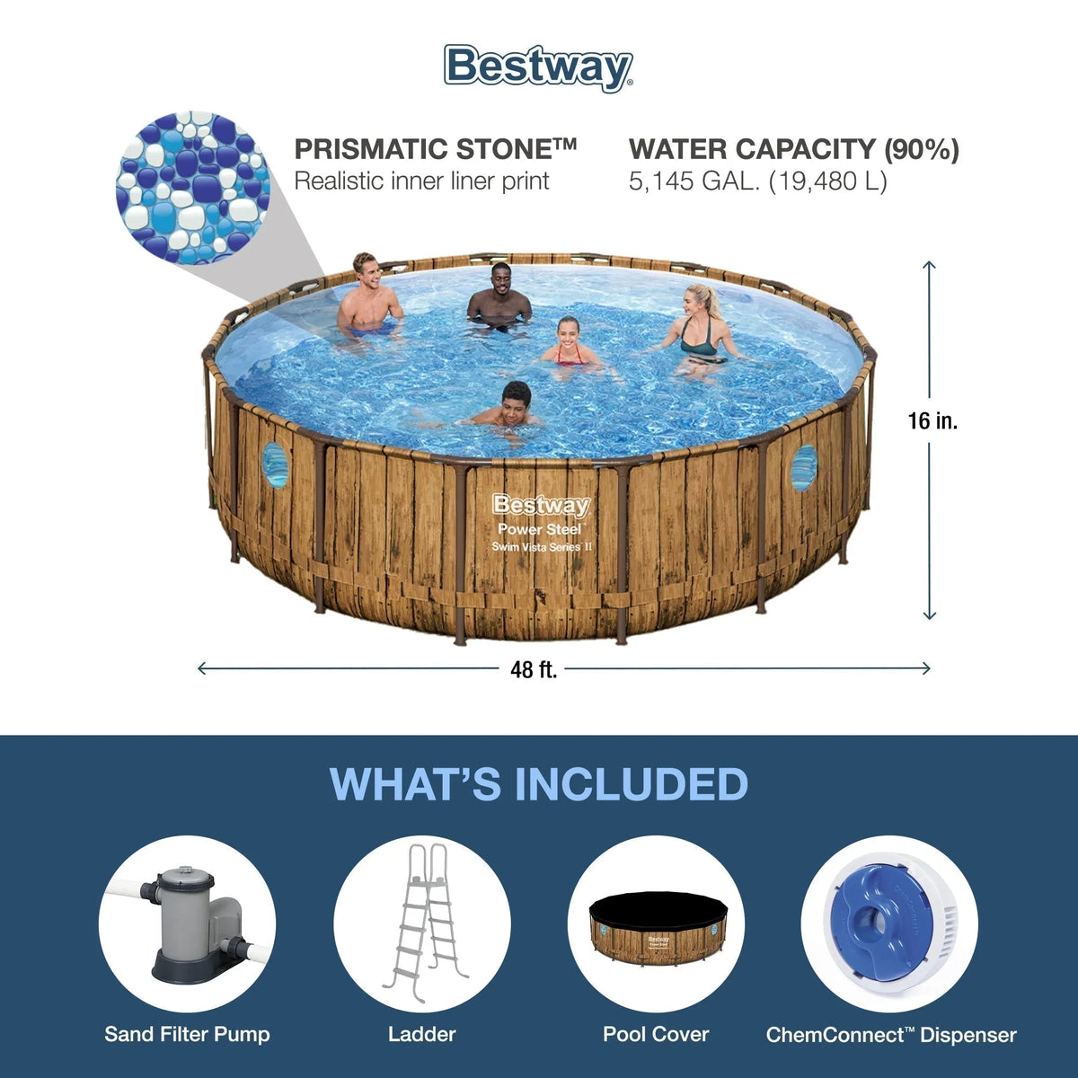 Bestway Power Steel Swim Vista 16′ x 48″ Round Above Ground Swimming Pool Set
