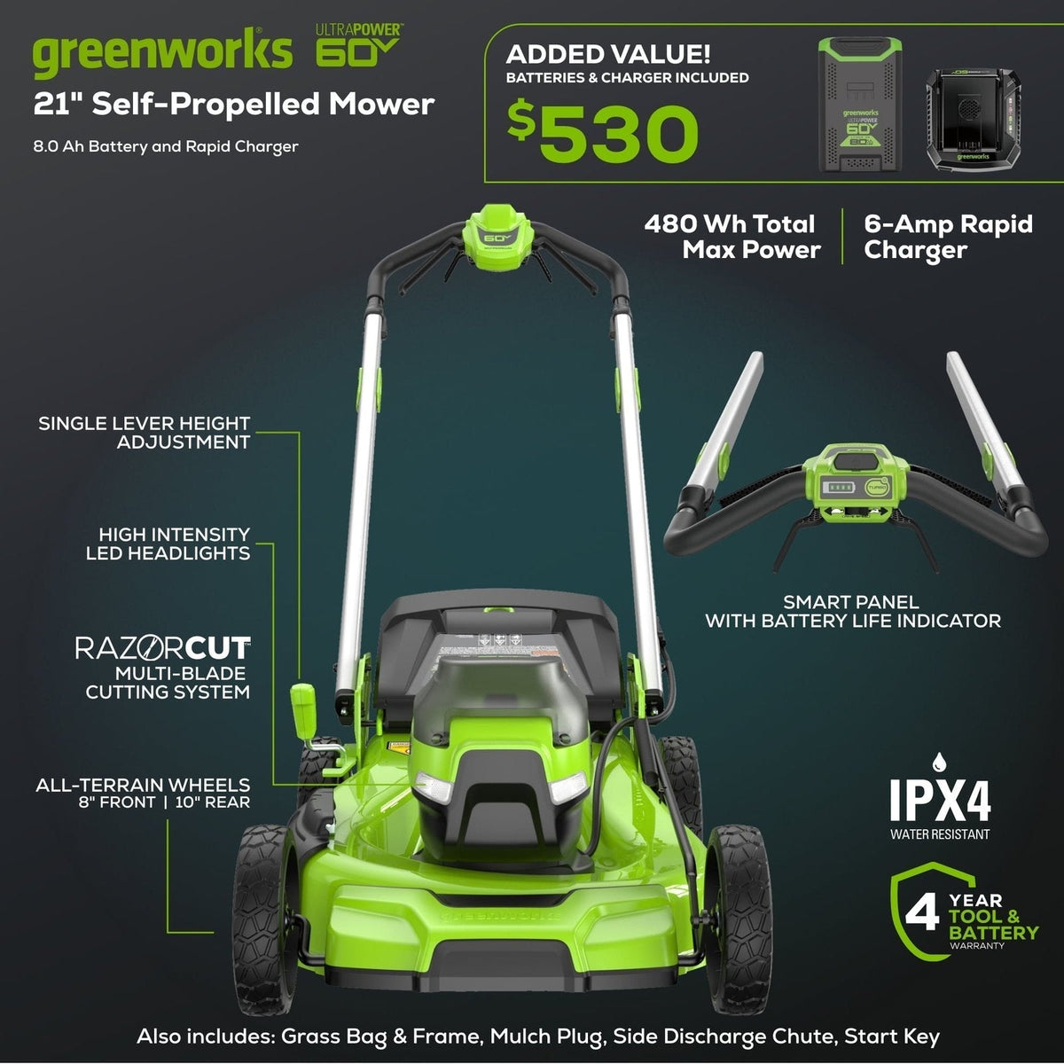 Greenworks 60V 21″ Self Propelled Lawn Mower with (1) 8.0 Ah Battery & Rapid Charger 2546402