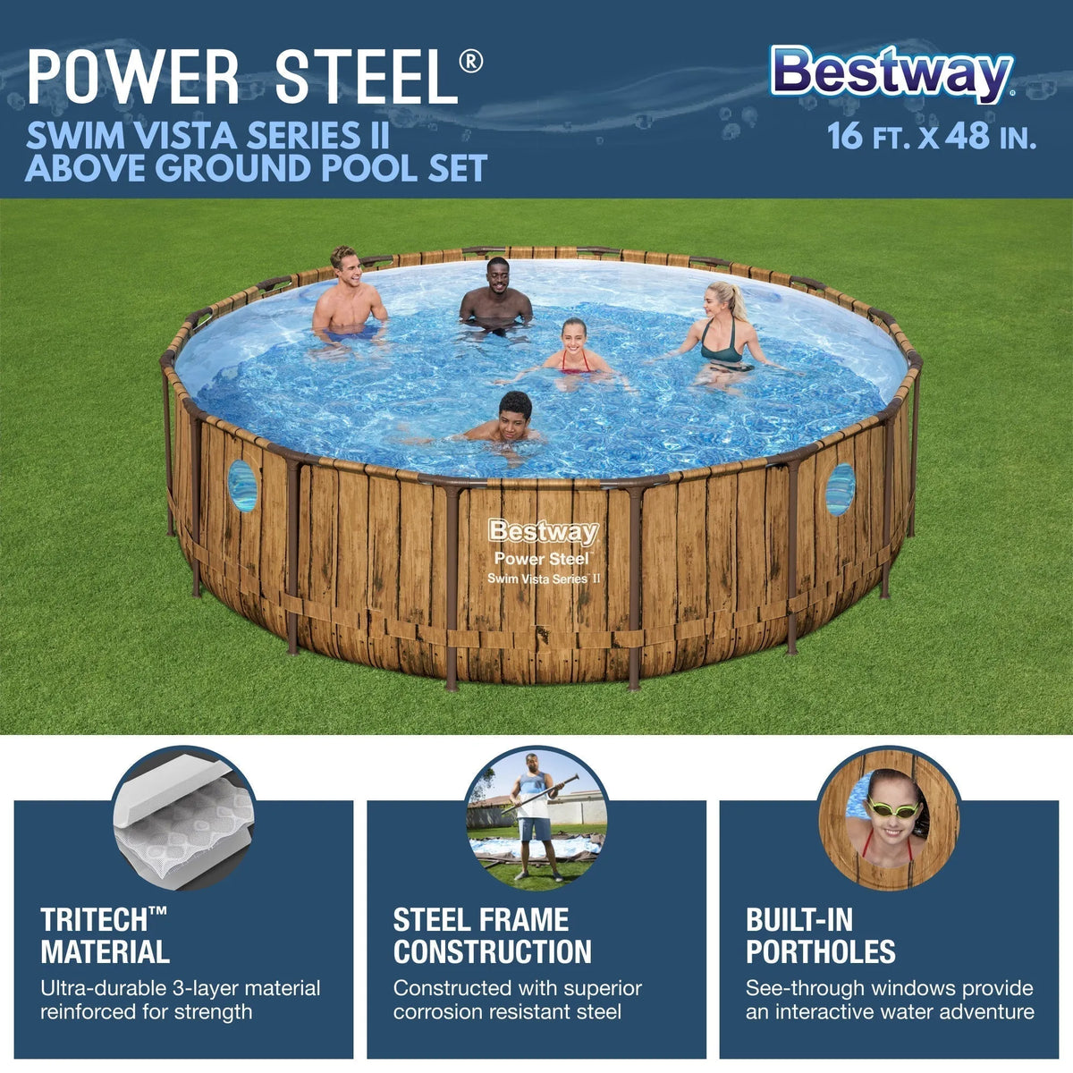 Bestway Power Steel Swim Vista 16′ x 48″ Round Above Ground Swimming Pool Set