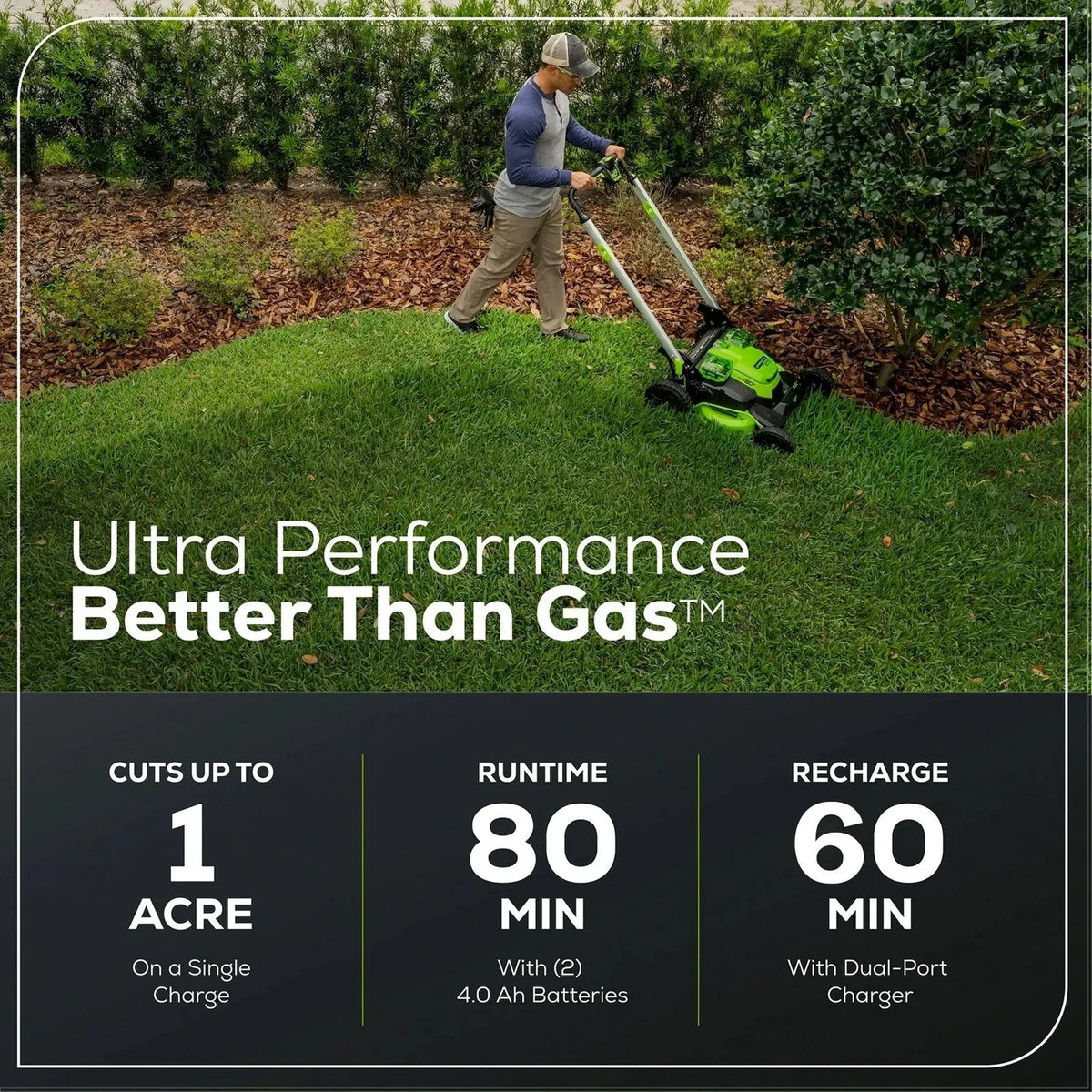 Greenworks 60V 25″ Cordless Brushless Self-Propelled Mower + Two (2) 4.0Ah Batteries & Dual Port Charger