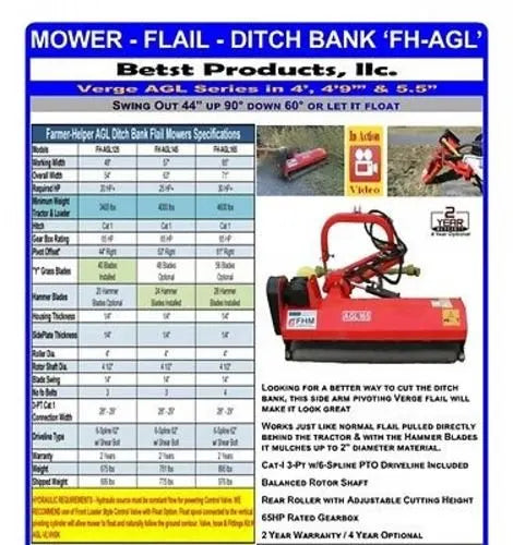 Farmer Helper 65″ 3pt Ditch Bank Flail Mower Cat.I 35hp~65hp (FH-AGL165) w/Hammer Blades Requires a Tractor. Not a standalone Unit.